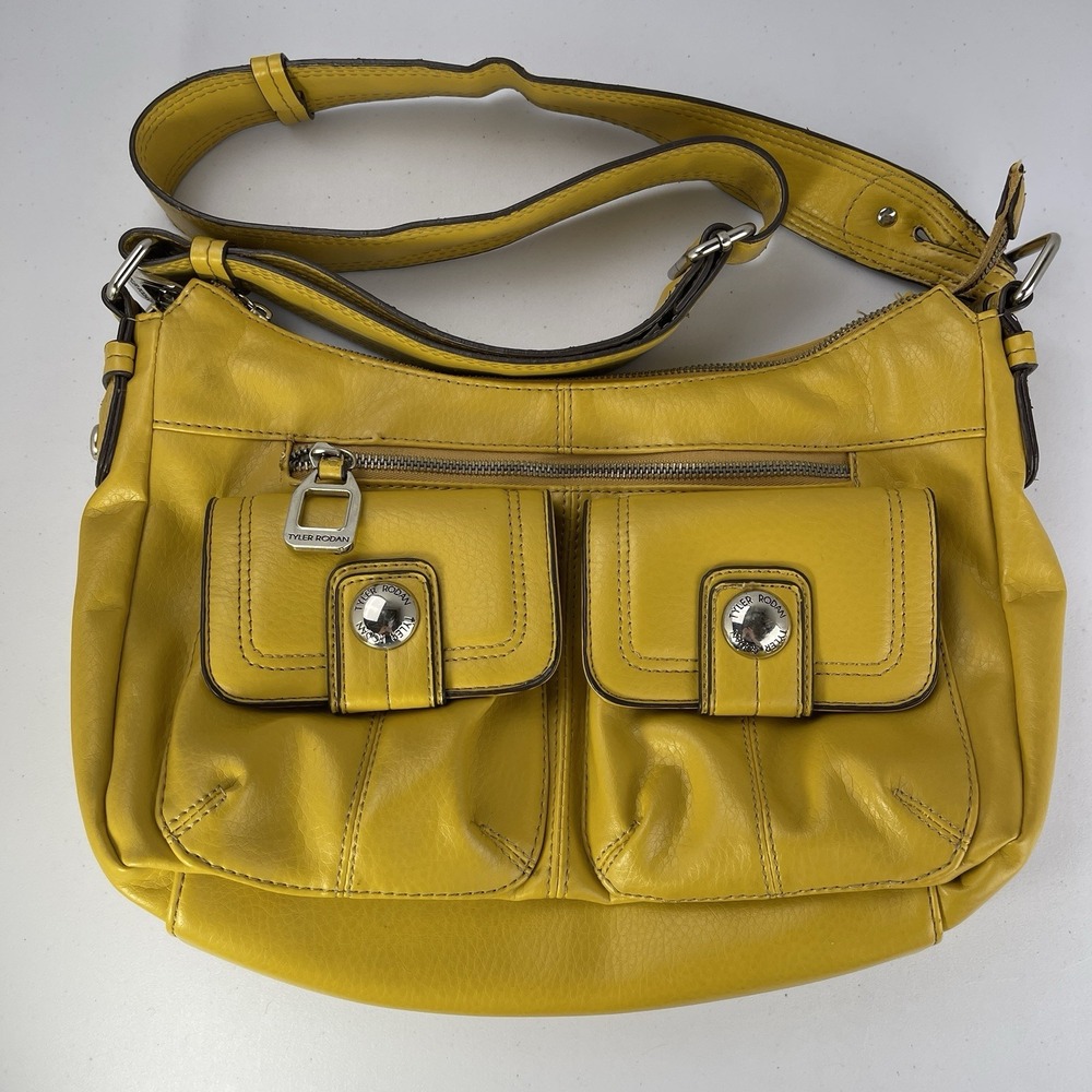 Tyler Rodan Purse Handbag Bright Mustard Yellow Silver Hardware SO MANY POCKETS!